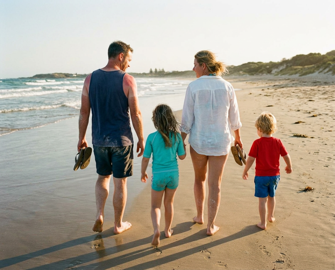James and the kids together at the beach, late in the day