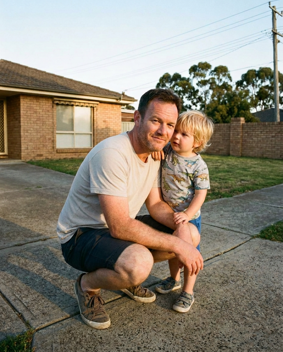 James crouched in the driveway with his young son leaning into him