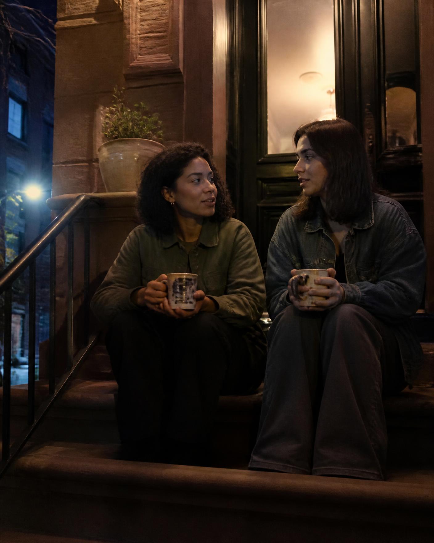 Two mugs left on a front stoop late at night